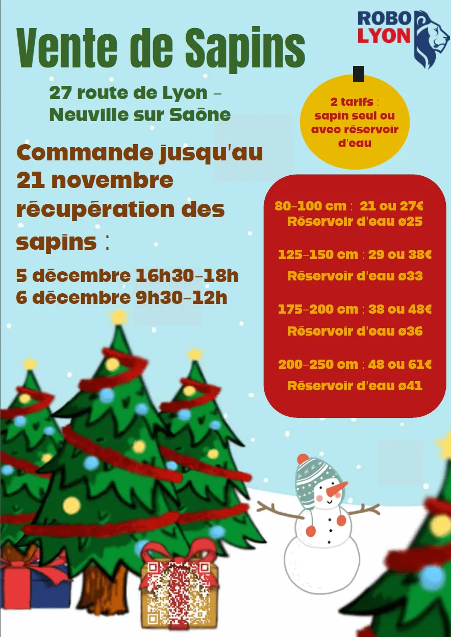 Affiche de la vente de sapins — commande jusqu'au 21 novembre, retrait les 5 et 6 décembre, tarifs de 21 à 61 €